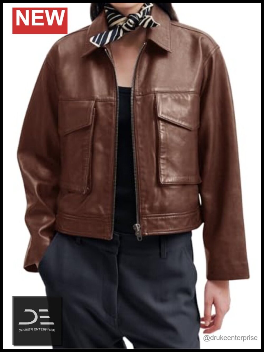 Faux Leather Motorcycle Jacket Cropped Bomber Zip Up Pockets Long Sleeve Lined